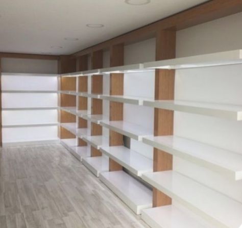 Shelf Store Design, Shop Rack Design, Store Room Design, Shelves For Shop, Store Storage Ideas, Pharmacy Shelves, Market Interior, Racks And Shelves, Retail Shop Design