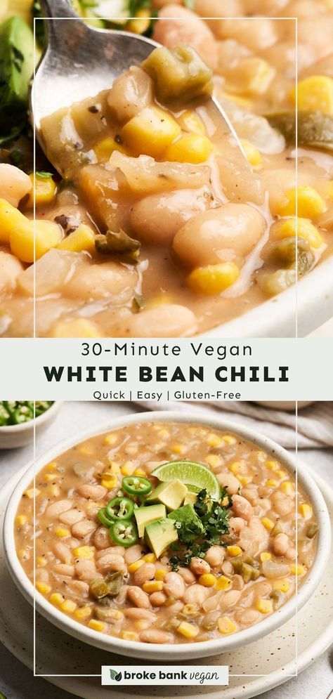 This vegan white bean chili is ready in 30 minutes and comes together in 1 pot! It features buttery white beans, spicy green chiles, juicy corn kernels, and a creamy yet light broth. Try it for a quick, easy, and budget-friendly weeknight meal. #veganwhitebeanchili #whitebeanchili #veganmaindishes Creamy Bean Recipes, White Beans Recipe Vegan, White Bean Instant Pot, Vegan Northern Bean Recipes, White Bean Vegan Recipes, Vegan White Bean Recipes, White Bean Chili Vegan, White Chickpea Chili, Recipes With White Beans