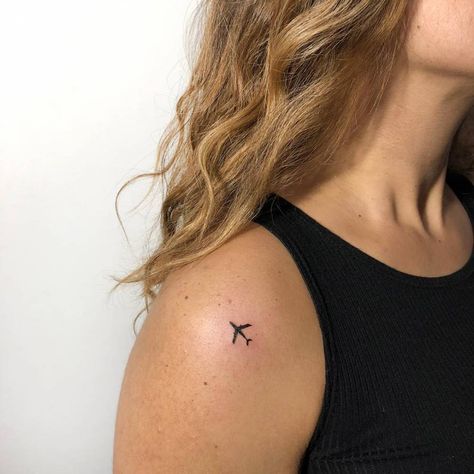 Minimalist airplane tattoo on the shoulder Memorial Heart Tattoo, Small Hip Tattoos Women, Tattoo On The Shoulder, Airplane Tattoo, Plane Tattoo, Cute Simple Tattoos, Basic Tattoos, Airplane Tattoos, Henna Inspired Tattoos