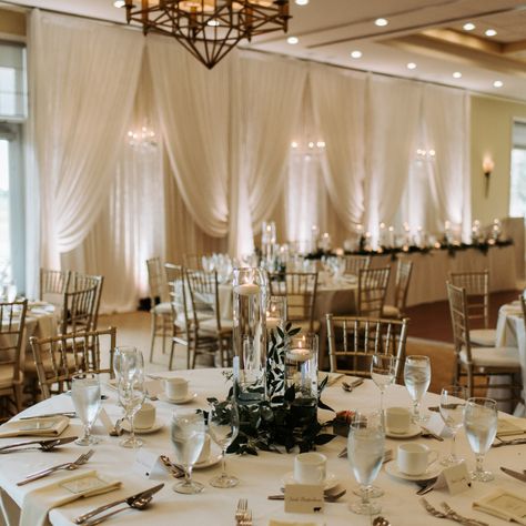 Ballroom Wedding Reception Draping, Salon Wedding Decoration, Indoor Country Club Wedding Reception, Golf Club Wedding Decor, Golf Course Wedding Reception, Country Club Wedding Decor, Wedding Ballroom Decorations, Ballroom Wedding Decoration, Beige Quince