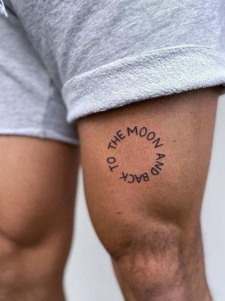 20 Coolest Thigh Tattoos for Men in 2022 - The Trend Spotter Thigh Tattoos Men Simple, Leg Tattoo Men With Meaning, Mens Simple Leg Tattoo, Simple Tattoos Men Thigh, Men’s Thigh Tat, Mens Tattoos Ideas Thigh, Unique Thigh Tattoos Men, Mens Calf Tattoos Ideas Simple, Leg Tattoo Men Simple