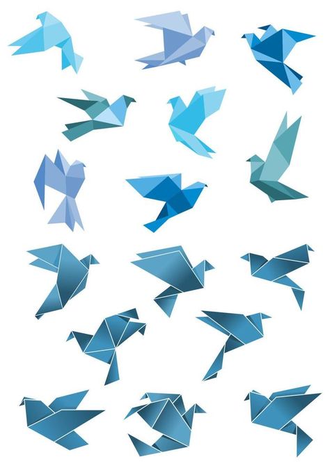 Origami paper stylized blue flying birds Easy Paper Folding, Flying Bird Vector, Tangram Patterns, Craft Bird, Doodle Mandala, Craft Origami, Preschool Decor, Geometric Bird, Japanese Origami