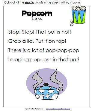 Popcorn is a fun, easy-to-read poem with lots of "short o" words. Book Art Easy, Short O Words, Kindergarten Poetry, Word Family Reading, Kindergarten Poems, Preschool Poems, Kindergarten Writing Activities, First Grade Words, Kindergarten Songs