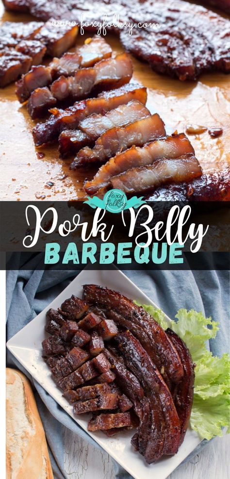 These yummy pork belly recipe is grilled in the oven and basted with a sweet and savory sauce that is simple and easy to make! | www.foxyfolksy.com #FoxyFolksyRecipes #grilltime #BBQ #porkBBQ Marinated Pork Belly Recipes, Pork Belly Marinade, Smoked Ham Recipe, Foxy Folksy, Barbeque Recipes, Khmer Food, Pork Belly Recipes, Grilled Meats, American Recipes