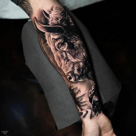 101 Best Bison Tattoo Ideas You'll Have To See To Believe! - Outsons Men's Head Tattoo, Realistic Buffalo Tattoo, Indian Tattoo Sleeve Men, Buffalo Tattoo Ideas Native American, Native Buffalo Tattoo, Buffalo Sleeve Tattoo, American Bison Tattoo, Buffalo Tattoo Ideas For Men, Bull Tattoo Sleeve