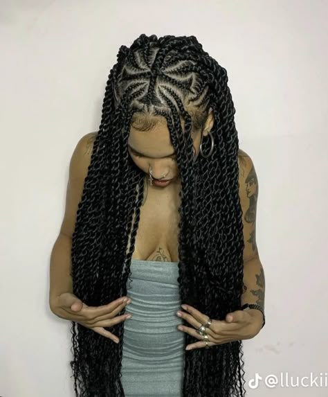 Passion Twist With Cornrows, Cornrow Passion Twist, Cornrows To Twists, Passion Twist Goddess Braids, Braids Designs For Black Women, Brazilian Wool Hairstyles Twist, Fulani Passion Twists, Cornrows Into Twists, Brazilian Wool Hairstyles Braids