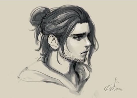 Bucky Man Bun, Man Bun Anime Drawing, How To Draw A Man Bun, Man Bun Sketch, Man Bun Reference, Messy Ponytail Drawing, Messy Man Bun Hairstyles, How To Draw A Messy Bun, Messy Bun Reference