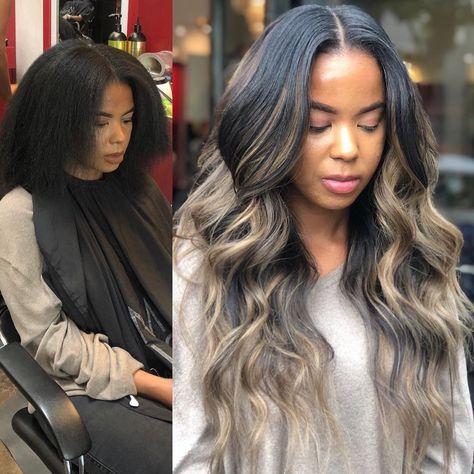 #nofilter Before and After . Fullhead sew in with minimal leave out & deep ash blonde #balayage😍 👌🏾 Client's leave it was not dyed for this… Black Leave Out Sew In, Blonde Balayage Sew In Weave, Hybrid Sew In Tape In, Balayage Extensions Before And After, Sew In With Color Leave Out, Ash Blonde Sew In, Colored Sew In With Leave Out, Blonde Sew In Weave With Leave Out, Blonde Sew In