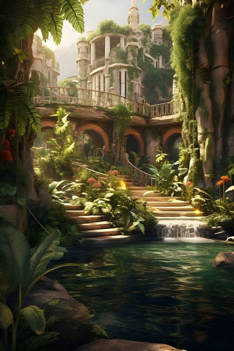 Tropical Castle, Hidden Oasis, Fantasy Reads, Magical Nature, Tropical Oasis, Natural Branding, Fantasy Castle, Summer Dream, Generative Art