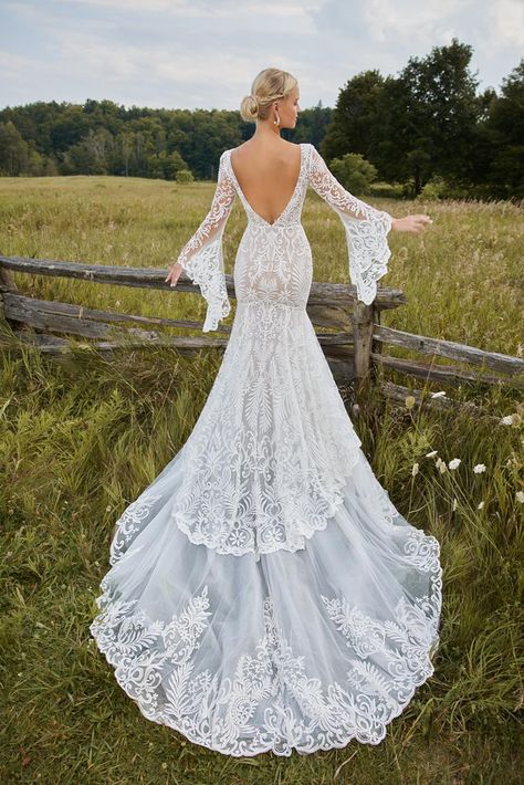 La Perle - Palmer | White Lace and Promises Bell Sleeve Wedding Dress, Unique Boho Wedding Dress, Backless Mermaid Wedding Dresses, Calla Blanche, Long Train Wedding Dress, Long Sleeve Wedding Dress Lace, Dream Wedding Ideas Dresses, Sleeve Wedding Dress, Wedding Dress Shopping