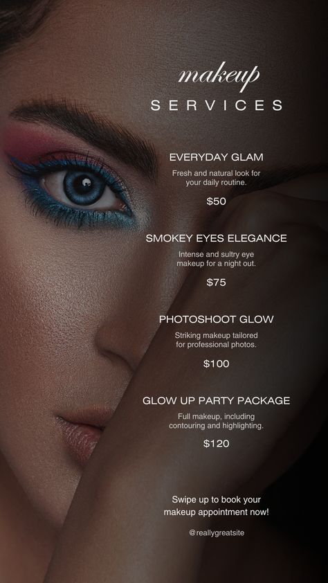 Use this template for your project. Follow me on Canva: https://www.canva.com/p/ok-templates/ #instagram #story #template #canva #beauty Price List Design Makeup, Makeup Artist Price List Template, Makeup Posts Instagram, Graphic Design Makeup, Makeup Stories Instagram, Mua Content Ideas, Makeup Social Media Design, Makeup Artist Instagram Bio Ideas, Makeup Class Poster Design