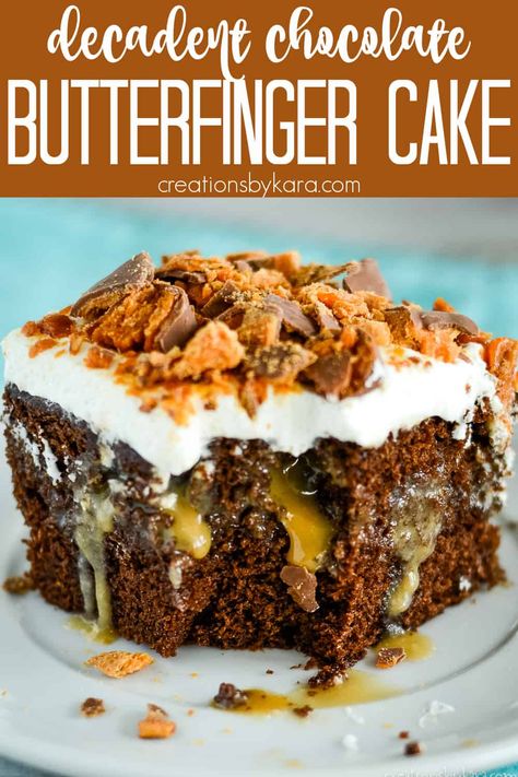 Butterfinger Poke Cake, Butterfinger Cake Recipe, Finger Cake, Butterfinger Cake, Candy Bar Cake, Chocolate Caramel Cake, Poke Cake Recipe, Chocolate Poke Cake, Cooking Tricks