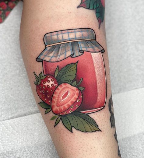 Pink Strawberry Tattoo, Jelly Jar Tattoo, Canning Tattoo, Strawberry Jam Tattoo, Gumball Machine Tattoo, Jam Jar Tattoo, Juice Box Tattoo, Sweets Tattoo, Jelly Tattoo