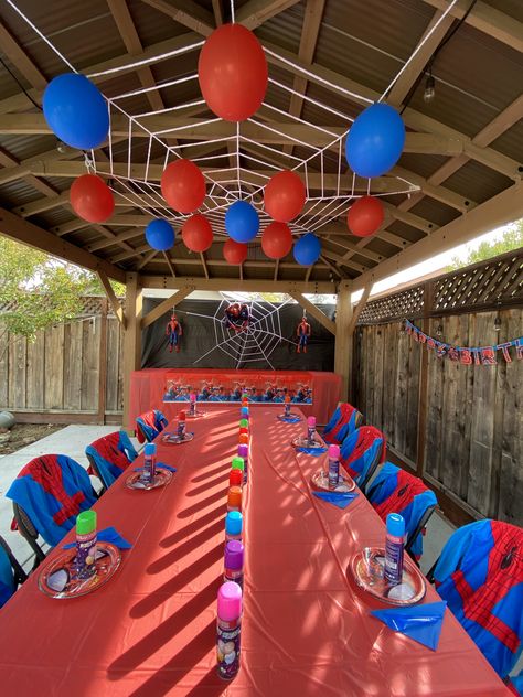 Spiderman Beach Party, Spider And His Amazing Friends Birthday Decor, Spiderman Birthday Party Outdoor, Dollar Tree Spiderman Party, Diy Spidey Birthday Decor, Spider-man Fourth Birthday, Spider Man Birthday Party Activities, Spidey And His Amazing Friends Birthday Party Backdrop, Spider And Friends Birthday Party