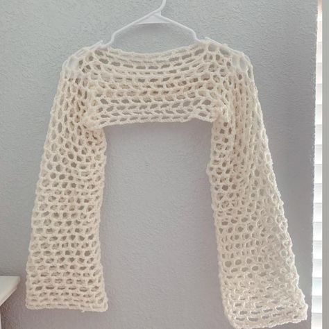 ༺❀ White Crochet Shrug ❀༻ ✿Handmade crochet ✿... - Depop White Crochet Sleeves, White Crochet Cover Up, Y2k Shrug Crochet, White Shrug Crochet, Crochet Sweater White, White Crochet Bolero, Shruggie Crochet, White Shrug Outfit, Shrug Crochet Pattern Free