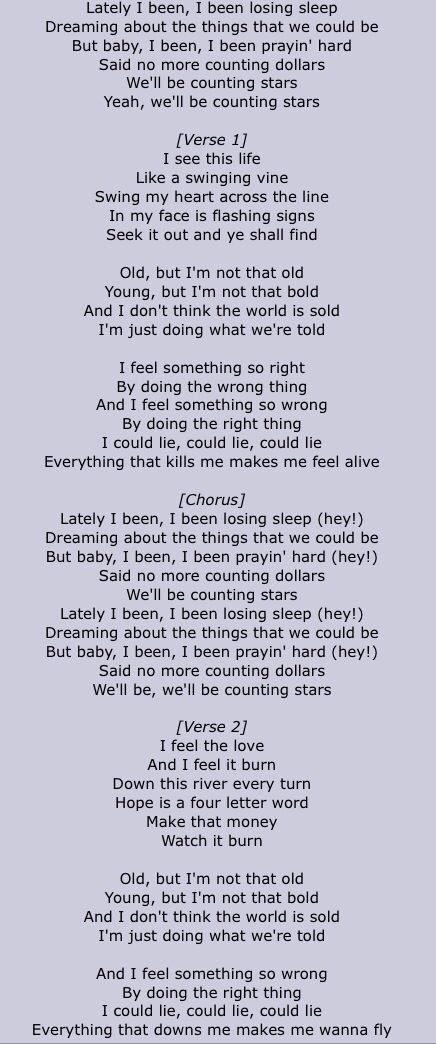 OneRepublic Counting Stars Part1 Counting Stars Onerepublic, Counting Stars Lyrics, Stevie Nicks Lyrics, Music Machine, Sleep Dream, Star Quotes, Music Is My Escape, Counting Stars, Singing Time