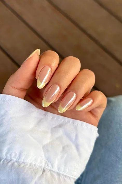 Soft Yellow Nails Design, Fun Yellow Nails, Yellow Chrome French Tip Nails, Nails August 2024, Yellow Nails With Chrome, Cute Yellow Nail Ideas, Glazed French Nails, Glazed French Tip Nails, Feminine Nails Classy