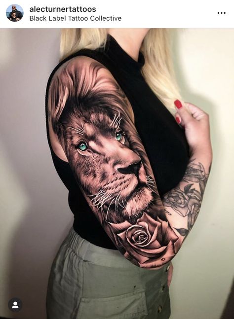 Lion Blue Eyes Tattoo, Lion With Blue Eyes Tattoo, Lion Arm Tattoo, Lion Tattoo Sleeves, Female Tattoos, Lion Head Tattoos, Girl Arm Tattoos, Forearm Sleeve Tattoos, Cat Tattoos