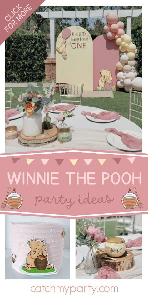 Pooh Themed First Birthday, Winnie The Pooh Baby First Birthday, Whitney The Pooh 1st Birthday, Winnie Pooh 1st Birthday Party, 1st Birthday Party Winnie The Pooh, Winnie The Pooh 1st Birthday Party Ideas, Whinney Pooh 1st Birthday, Piglet Themed Birthday Party, Winnie The Pooh Backdrop 1st Birthdays