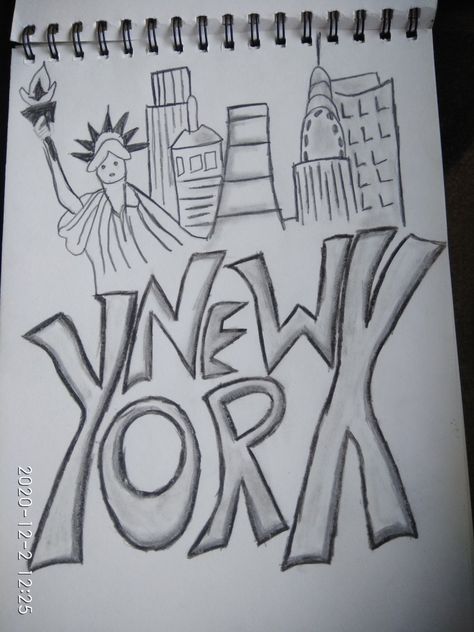 New York New York Sketch Easy, Nyc Doodles, New York Skyline Drawing, New York City Drawing, Town Sketch, Nyc Drawing, New York Drawing, Skyline Drawing, Collage Board