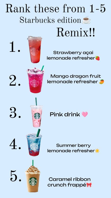 qotd: what’s ur fav Starbucks drink?? remix!!#starbucks #remix Starbucks New Drinks, Fun Starbucks Drinks, Barista Knowledge, Starbies Order, Starbucks Drinks Without Coffee, Starbucks Drinks To Try, Starbucks Uk, Nice Drinks, Starbies Drinks