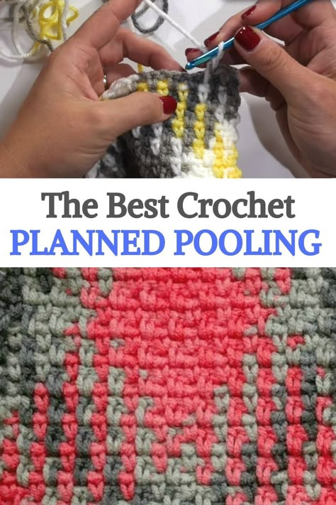 Crochet Color Pooling How To, Pooling Yarn Crochet Patterns, Pooled Planning Crochet, Planned Color Pooling Crochet, Crochet Color Pooling Pattern, Colour Pooling Crochet, Planned Pooling Crochet Blanket, Crochet Pooling Free Pattern, Yarn Pooling Crochet