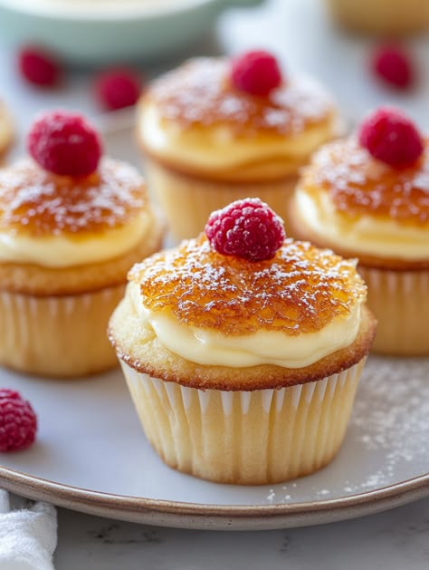 Ingredients ✨ For the Cupcakes:   1 1/2 cups (190g) all-purpose flour 1 1/2 teaspoons baking powder 1/4 teaspoon salt 1/2 cup (115g) unsalted butter, softened  1 cup (200g) granulated sugar  2 large eggs 1 teaspoon vanilla extract 1/2 cup (120ml) whole milk For the Custard Topping:  1 cup (240ml) heavy cream  4 large egg yolks 1/4 cup (50g) granulated sugar  1 teaspoon vanilla extract For the Caramelized Topping:   1/4 cup (50g) granulated sugar For Garnish:   Powdered sugar Fresh raspberries Unusual Cupcakes, Strange Desserts, Unique Cupcake Flavors, Custard Cupcakes, Spoiling Yourself, Birthday Cake Cupcakes, Fancy Desserts Recipes, Fancy Cupcakes, Cupcake Flavors