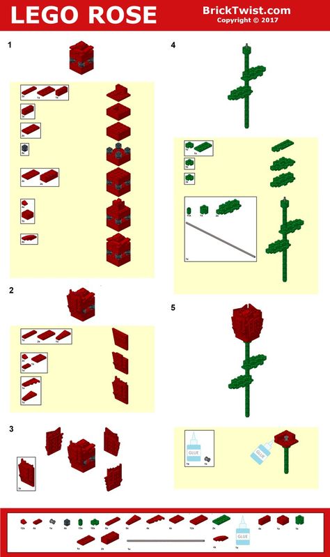 Visit BrickTwist.com for additional Lego brick parts and tip and tricks to build the Lego Rose. Lego Rose Instructions | #lego #rose | http://www.bricktwist.com | Copyright © 2017 · BrickTwist.com Lego Creations Instructions, Lego Flower Bouquet, Lego Diy Crafts, Lego Wedding, Instructions Lego, Lego Challenge, Lego Building Instructions, Construction Lego, Lego Diy