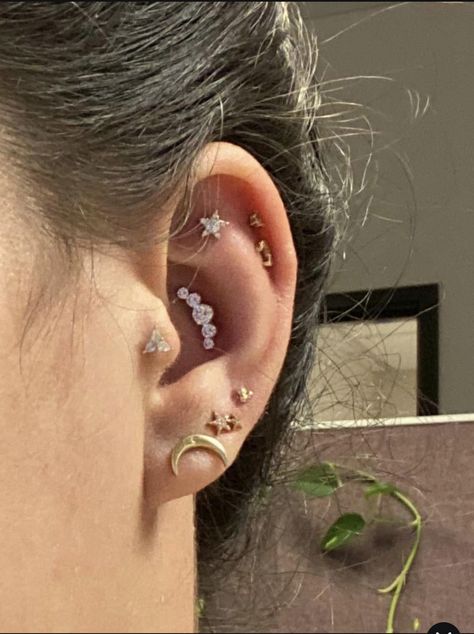 Conch And Helix Piercing, Flat Piercing, Cool Ear Piercings, Double Helix, Conch Piercing, Helix Piercing, Ear Piercing, Blue Mountain, Conch