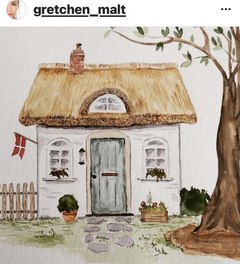 Watercolor Paintings Of Houses, Watercolor Cottage Simple, Watercolour Houses Simple, Farmhouse Drawings, Cottage Drawing Simple, Watercolor Art House, Cottage Drawings, Watercolour House Painting, Watercolour Houses