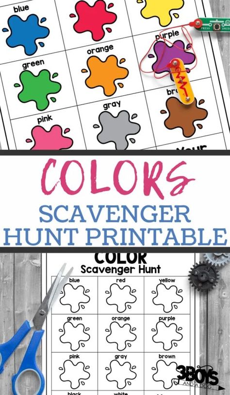 Check out this super cute Preschool Color Scavenger Hunt! The kids are going to have a blast with this find the colors game for preschoolers! This is one of those learning activities that work on color and shapes and more! When it comes to preschool games, this is the one! Be sure to check out my 30 Fun Homeschooling Preschool Worksheets for even more learning activities for kids. Color Scavenger Hunt, Game For Preschoolers, Learning Activities For Kids, Scavenger Hunt Printable, Homeschooling Preschool, Printable Dog, Preschool Colors, Color Games, Preschool Games