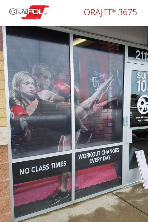 ORAJET® 3675 Perforated Window Graphics Film is ideal for short- to medium-term window graphics applications. Perforated window graphics are perfect for businesses that require more branded store front communication, but are limited by signage ordinances. Window graphics are typically not included in local signage ordinances. Click the link to learn more! Window Film Designs, Window Brands, Store Front Windows, Martial Arts School, Window Graphics, Store Front, Stone Surface, Front Windows, Gym Design