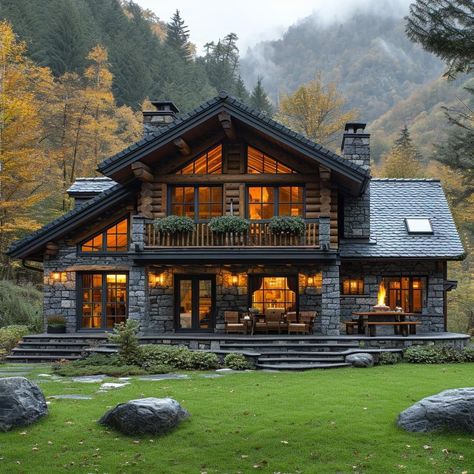 Log Homes Exterior, Mountain Dream Homes, Taman Air, Log Cabin Rustic, Green Mountains, Minimal House Design, House Outside Design, Forest House, Design Your Dream House