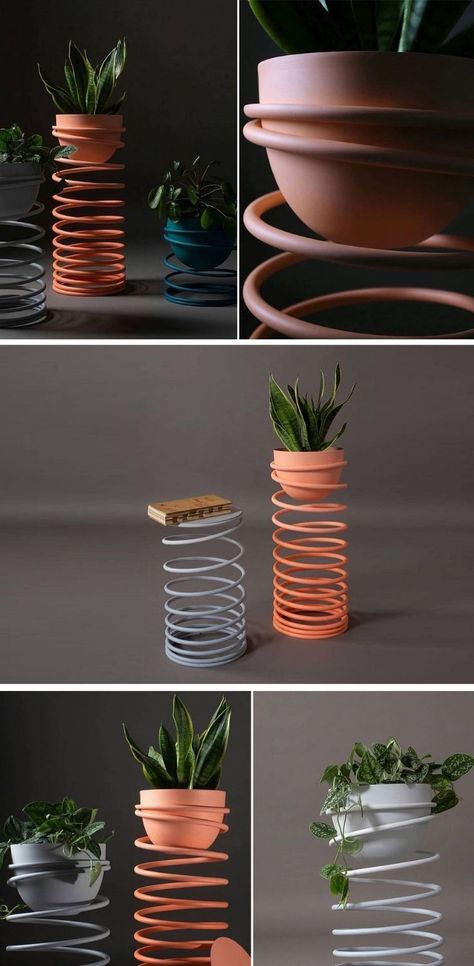 Slinky can be both a floating stand for your beloved plants or take the form of a sleek side table with a soft matte surface. Each planter is hand-spun from a single sheet of aluminum while the spring is made from an elastic type of steel. VIEW MORE NOW! Single Plant Stand, Slinky Toy, Richard James, Shell Lamp, Curiosity Killed The Cat, Spring Furniture, Types Of Steel, Memphis Design, Smart Living