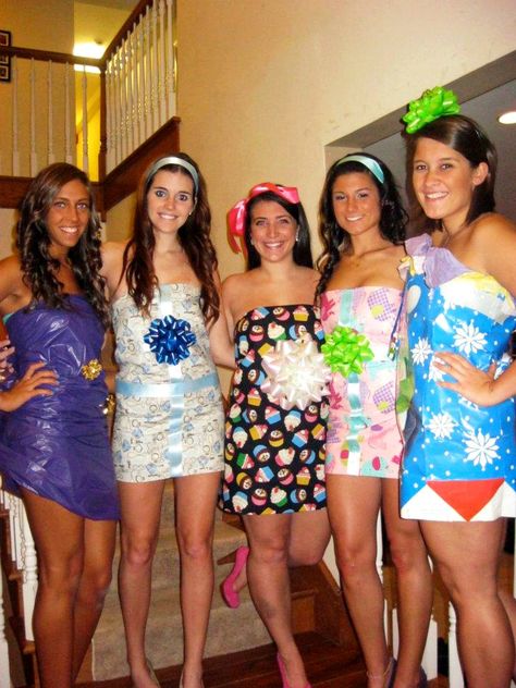 Present costumes. I was a Christmas present one year but this is a cute alternative way of doing it! :) Sorority Halloween Costumes, Anything But Clothes Party, Abc Costumes, Anything But Clothes, Abc Party Costumes, Tacky Christmas Party, Abc Party, Costumes College, Party Outfit Ideas