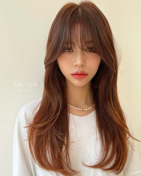 Bangs Asian, Layered Hair With Bangs, Asian Haircut, Neon Hair, How To Cut Bangs, Short Hairdos, Asian Short Hair, Korean Hair, Long Red Hair