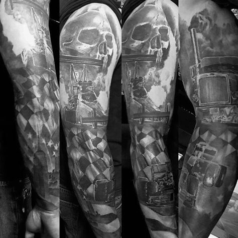 Tattoo Checkered Flag Ideas For Guys Drag Racing Tattoo Ideas, Drag Racing Tattoo, Sports Tattoos For Men, Checkered Flag Tattoo, Men Sleeve Tattoo Ideas, Men Forearm Tattoo Ideas, Tattoo Ideas For Men Leg, Tattoo Ideas For Men Sleeve, Leg Tattoo Ideas For Men