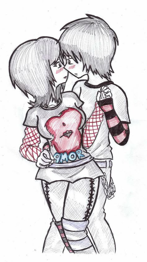 Emo Love Cartoon, Emo Cartoons, Scene Emo Art, Scene Kid Art, Cute Emo Couples, Scenecore Art, Emo Couples, Emo Love, Arte Grunge