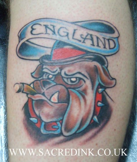 Tattooed this on a Brazilian dude who loved England so much he had to get a bulldog tattooed and have England written in there also.. Small English Bulldog Tattoo, Bulldog Hand Tattoo, Bulldog Traditional Tattoo Flash, English Bulldog Traditional Tattoo, Bulldog Tattoo For Men, England Tattoo, Bulldog Tattoo, British Bulldog, Funny Tattoos