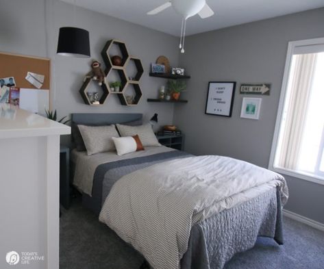 Decorating for Boy Bedrooms | Grey Bedroom Ideas | TodaysCreativeLife.com Youth Bedroom Ideas Boy Rooms, Joeys Apartment, Mens Room Ideas, Bedroom Ideas For Young Man, Young Adult Male Bedroom Ideas, Boys Bedroom Grey, Young Mans Bedroom, Grey Boys Rooms, Thomas Bedroom