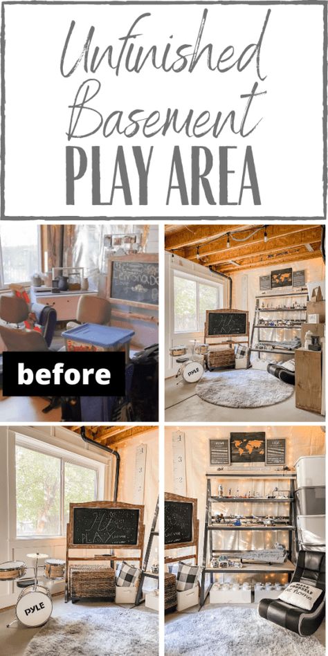 Play Area In Unfinished Basement, Unfinished Basement Entertainment Room, Unfinished Basement Play Area, Unfinished Basement Dog Area, Unfinished Basement Kids Playroom, Unfinished Basement Ideas For Kids, Unfinished Basement Playroom Ideas, Play Area In Basement, Laundry In Basement Unfinished