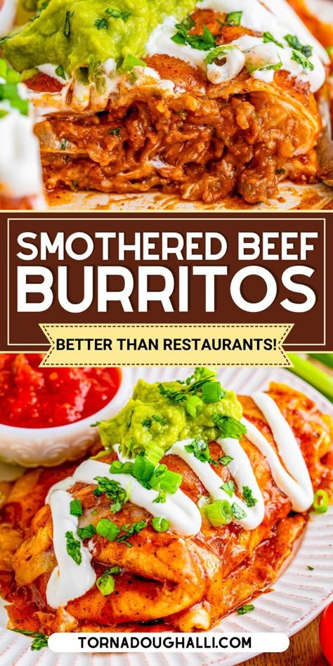 smothered beef burritos Beef Burritos With Red Sauce, Beef Burrito Supreme, Smothered Burrito Sauce, Pulled Beef Burritos, Beef And Bean Enchiladas With Red Sauce, Smothered Burritos Beef, Sauce For Burritos, Beef Burrito Recipes, Beef Burrito Casserole