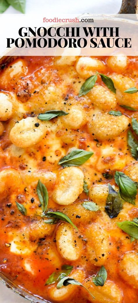 Gnocchi With Pomodoro Sauce | foodiecrush.com #gnocchi #pomodorosauce #homemade #sauce #recipes #easy his simple tomato sauce gets tons of flavor from herbs steeped in olive oil that lusciously coats potato pillows of gnocchi, topped with fresh balls of mozzarella. Pomodoro Sauce, Simple Tomato Sauce, Gnocchi Dishes, Easy Tomato Sauce, Foodie Crush, Gnocchi Recipes, Tasty Vegetarian Recipes, India Food, Vegetarian Dinners