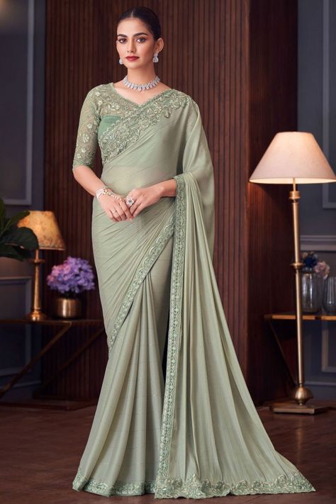 Mint Grey Embroidered Sequins Silk Designer Saree Georgette Silk Saree, Indian Wedding Sarees, Pista Green, Saree Silk, Satin Saree, Green Saree, Embroidered Border, Party Kleidung, Embroidered Wedding