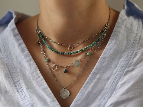 Turquoise layered necklace set for women, trending now bohemian necklace, unique necklace for best friends, Birthday gift for her Handmade Turquoise Earrings, Friends Birthday Gift, Best Friends Birthday, Stone Necklace Set, Layered Chain Necklace, Layered Necklace Set, Natural Stones Necklace, Friends Birthday, Bohemian Necklace