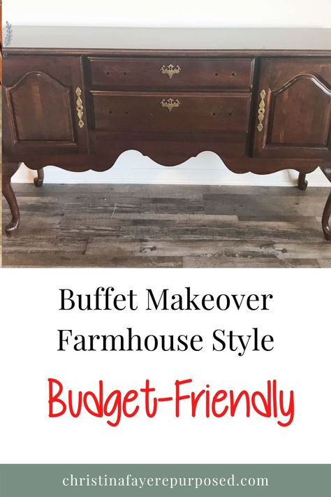 Redoing Buffet Furniture, Refinished Buffets And Sideboards, Mahogany Buffet Makeover, Buffet Redo Before After, Buffet Table Flip, Refinished Buffet Table, Painting Buffet Cabinet, Buffet Table Ideas Decor Farmhouse, Decorating A Buffet In Dining Room