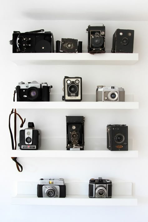 Photography Bedroom Ideas, Vintage Camera Decor Ideas, Film Camera Display, Old Camera Display, Camera Collection Aesthetic, Camera Display Ideas Shelves, Camera Shelves, Camera Room Decor, Camera Display Ideas