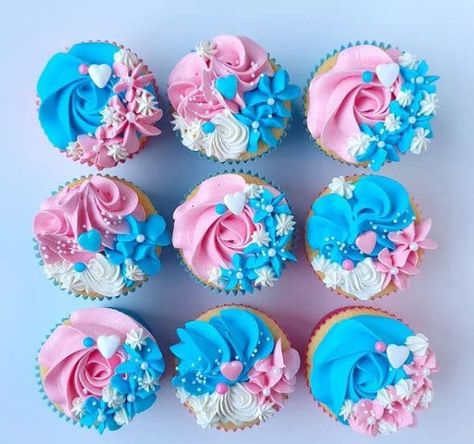 Gender Reveal Cake And Cupcake Ideas, Pink And Blue Cookies Gender Reveal, Gender Reveal Cupcake Ideas Pink Blue, Pink And Blue Cake Gender Reveal, Gender Cupcakes Ideas, Pink And Blue Cookies, Pink Blue Cupcakes, Cupcakes For Gender Reveal Party, Dessert For Gender Reveal Party