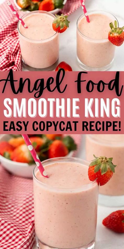 Angel Food Smoothie King Recipe is so easy to make and taste amazing. Make this copycat smoothie at home at a fraction of the cost. This Smoothie King copycat Angel Food recipe is easy to make and SO delicious too. #eatingonadime #copycatrecipes #smoothierecipes #strawberryrecipes Smoothie King Keto Recipes Copycat, How To Make Smoothie King Smoothies, Sweet Fruit Smoothie Recipes, Smoothie King Smoothies Recipes, Smoothie King Strawberry Banana Smoothie, Jello Smoothie Recipes, Night Before Smoothies, Copycat Smoothie King, Smoothie King Banana Boat Recipe