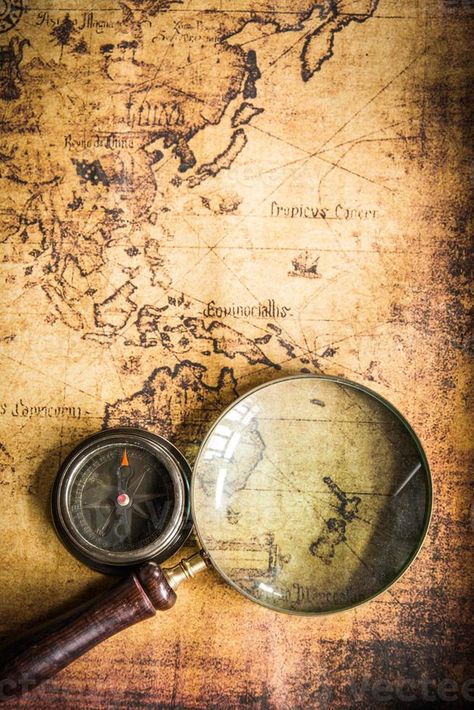 Old vintage retro compass and magnifying glass on ancient map.The map used for background is in Public domain. Public Background, Ancient Map, Vector Infographic, Magnifying Glass, Old Vintage, The Map, Public Domain, Compass, Retro Vintage